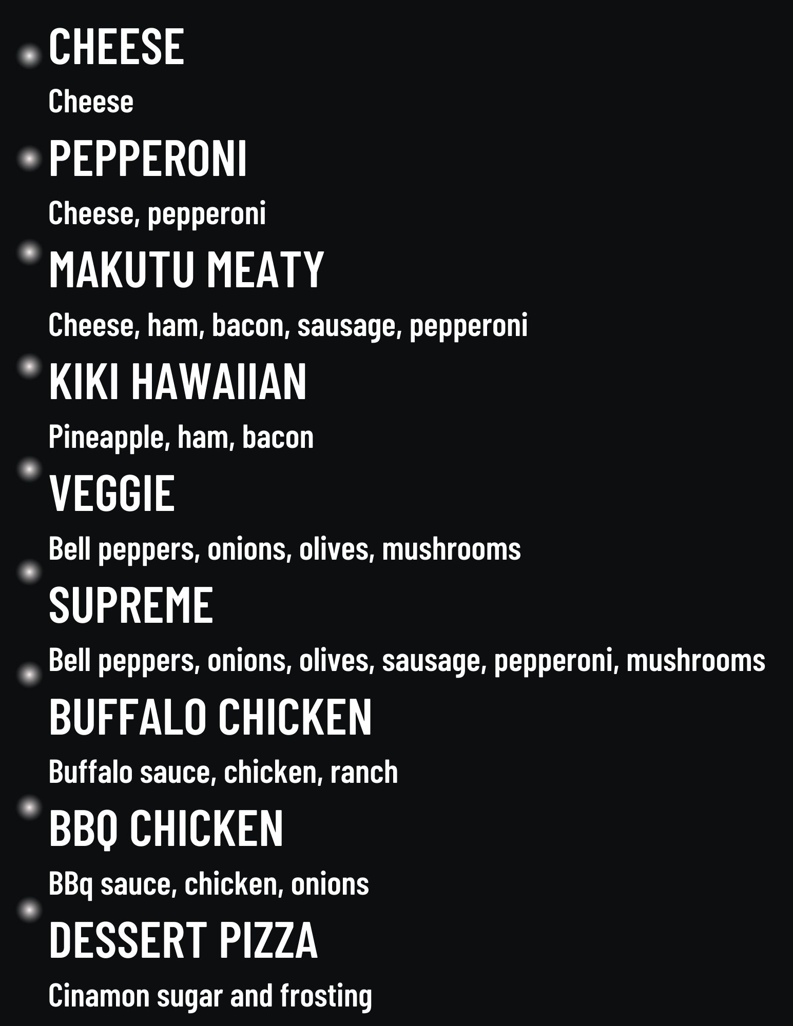 Menu options at Makutu's Island Indoor Playground